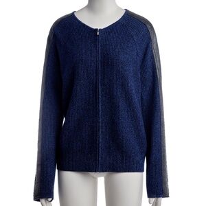 St. John Yellow Label Leather Trimmed Zip-Up Cardigan in Blue/Black